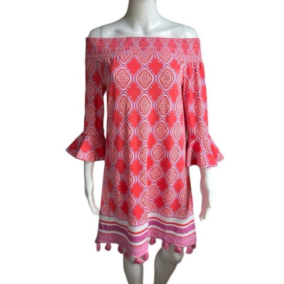 Cabana Life Dresses & Skirts - Cabana Life NWT Coral Geo Off Shoulder Tunic Dress Tassel Hem UPF 50 Beach M